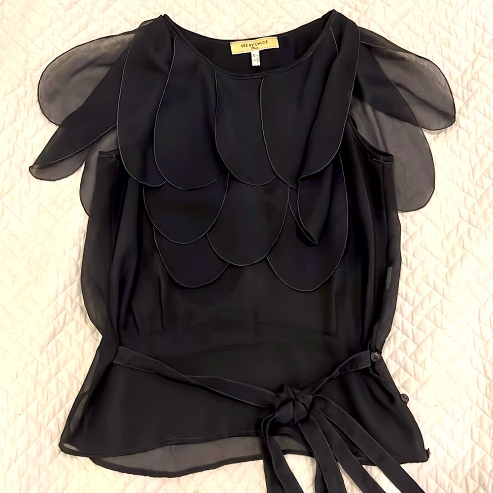 VTG rare. Parisian sheer black blouse with layers of petals. See by Chloe.